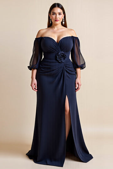 Off The Shoulder Navy Ruched Plus Size Mother Of The Bride Dress With Slit